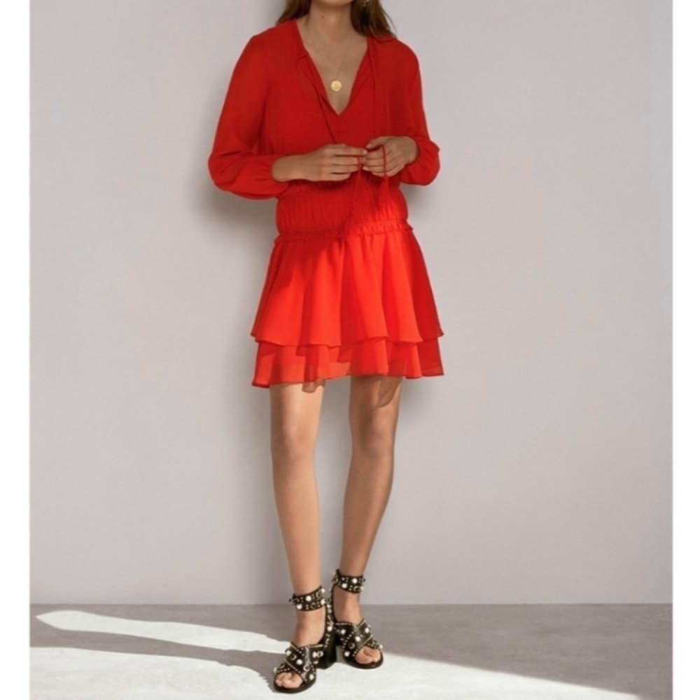 Maje US Small UK 1 Rulla Red Elastic Shirred-waist Lined Tiered Mini Dress Tasse